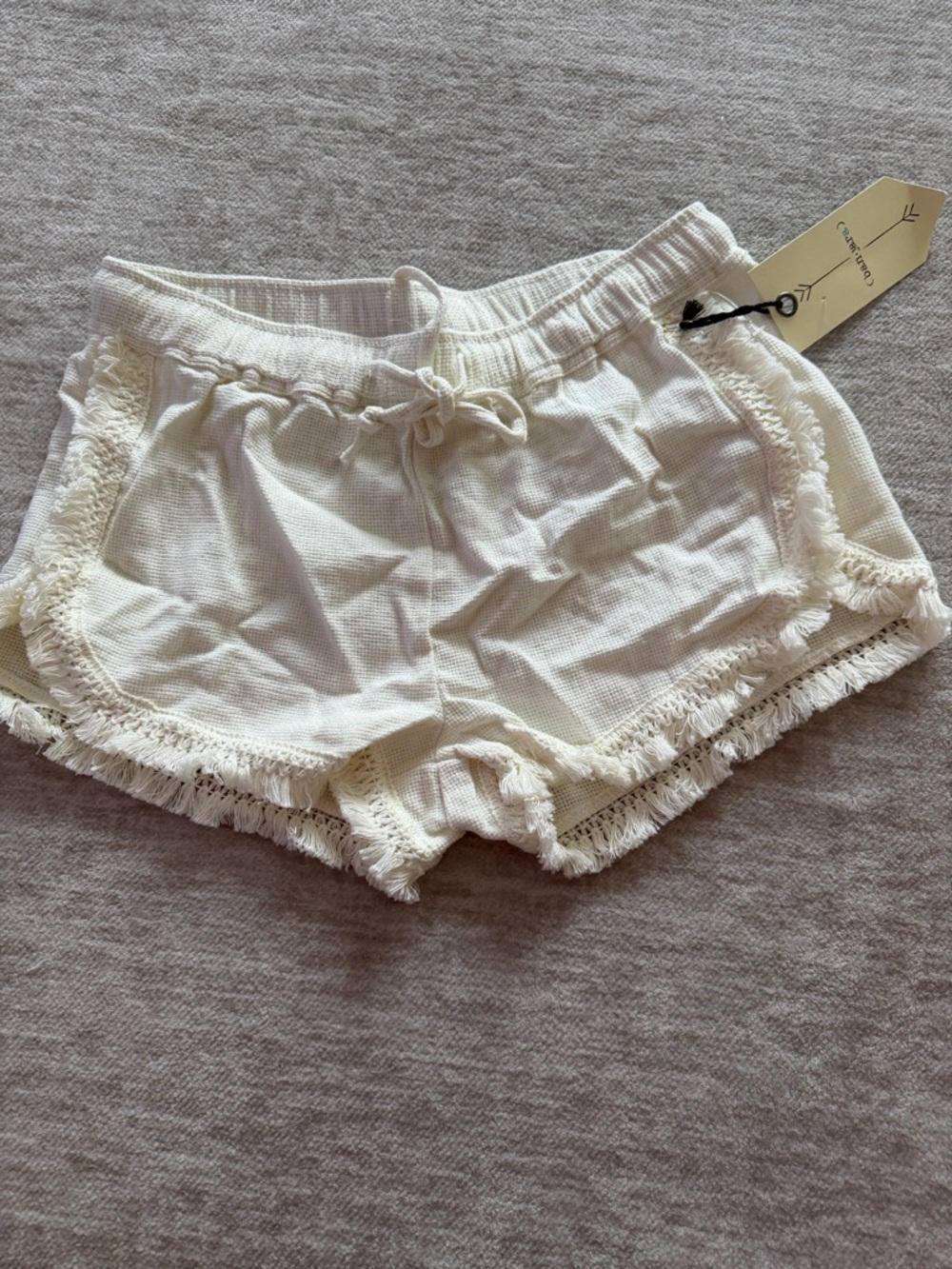 Women's white cotton Fringe-Trim Boho Shorts with Drawstring Waist